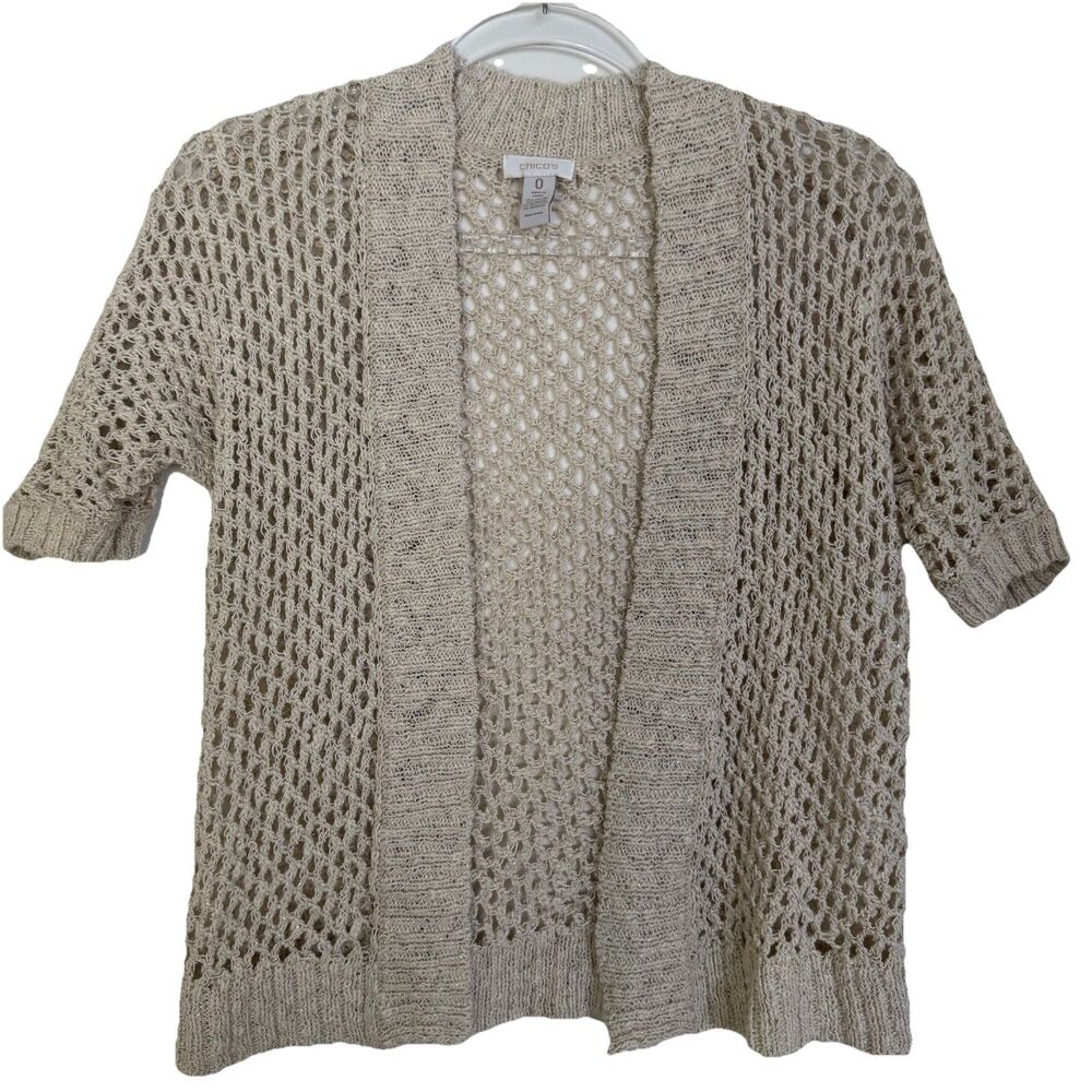 Chicos Cardigan Sweater Womens 0 Small Open Front Boho Metallic Knit